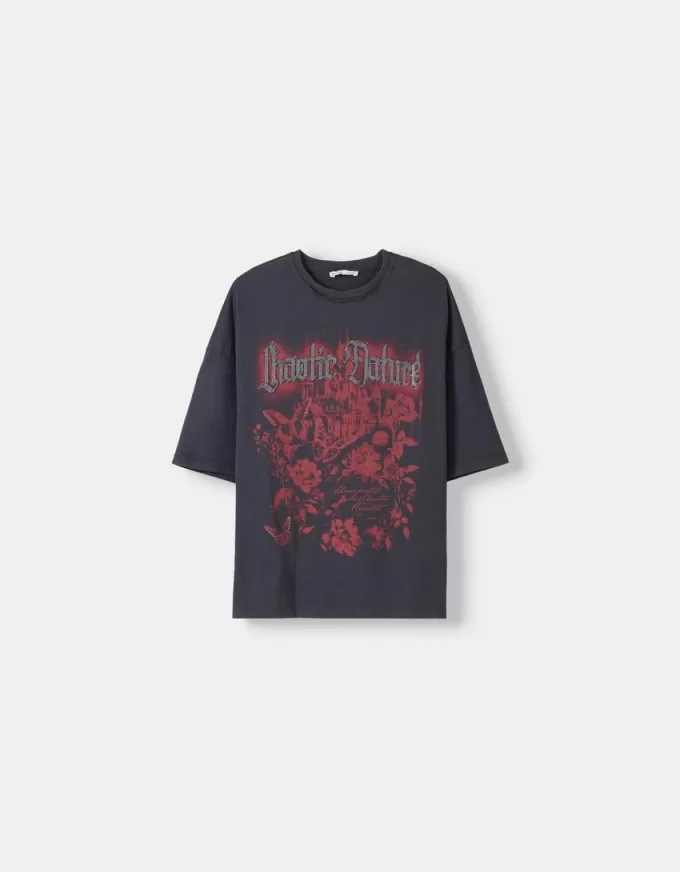 Tricou oversize imprimat cu maneca scurta Tricou oversize imprimat cu maneca scurta