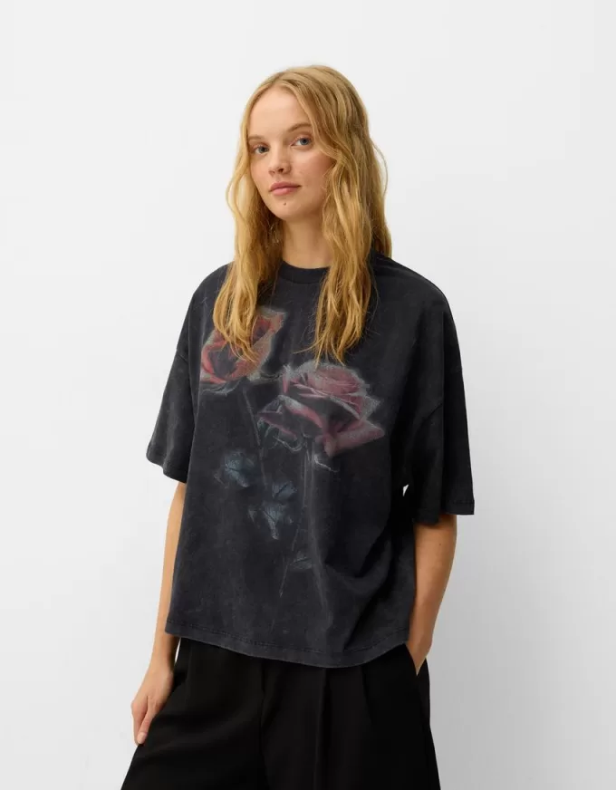 Tricou oversize imprimat cu maneca scurta Tricou oversize imprimat cu maneca scurta
