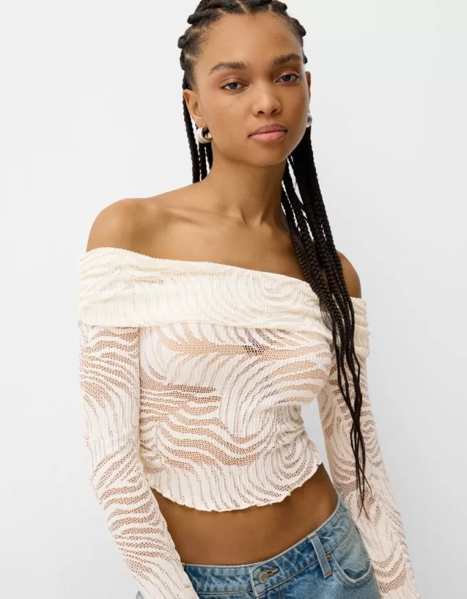 Tricou rustic decolteu Bardot cu maneca lunga Tricou rustic decolteu Bardot cu maneca lunga