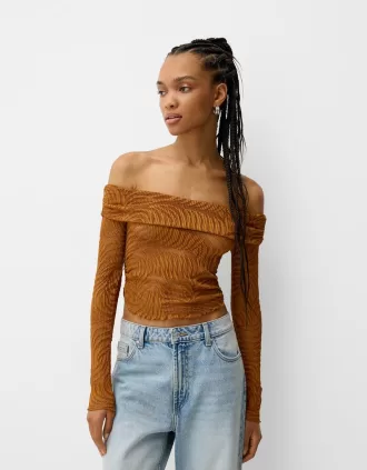 Tricou rustic decolteu Bardot cu maneca lunga