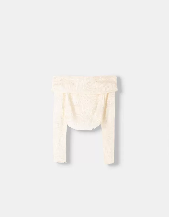Tricou rustic decolteu Bardot cu maneca lunga Tricou rustic decolteu Bardot cu maneca lunga