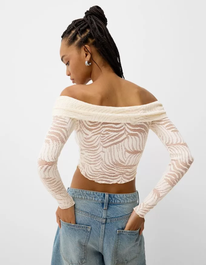 Tricou rustic decolteu Bardot cu maneca lunga Tricou rustic decolteu Bardot cu maneca lunga