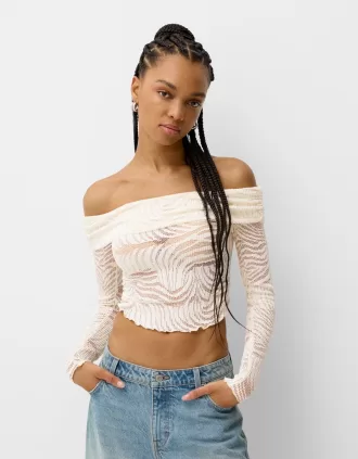 Tricou rustic decolteu Bardot cu maneca lunga