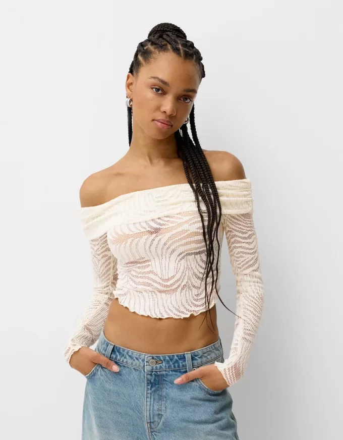 Tricou rustic decolteu Bardot cu maneca lunga Tricou rustic decolteu Bardot cu maneca lunga