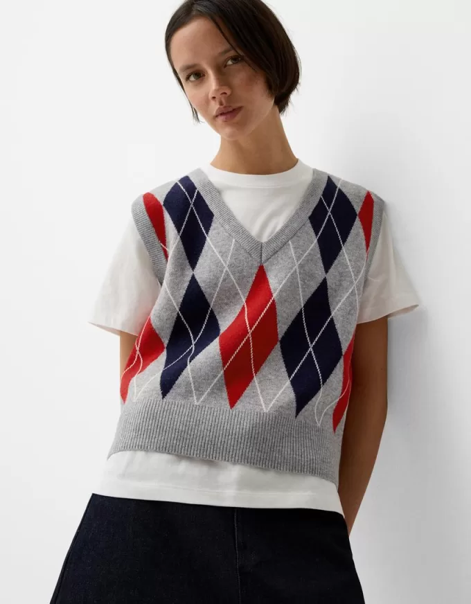Vestă cu decolteu în V cu model argyle Vestă cu decolteu în V cu model argyle
