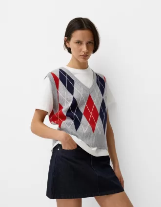 Vestă cu decolteu în V cu model argyle