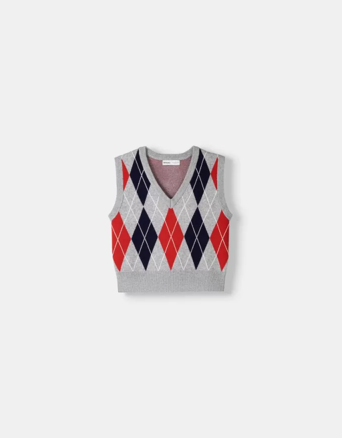 Vestă cu decolteu în V cu model argyle Vestă cu decolteu în V cu model argyle